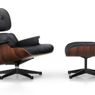 Vitra Lounge Chair & Ottoman – poli / côtés noirs – Cuir premium F nero – Santos Palisander – dimensions classiques – 84 cm