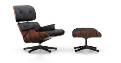 Vitra Lounge Chair & Ottoman – poli / côtés noirs – Cuir premium noir – Santos Palisander – dimensions nouvelles – 89 cm