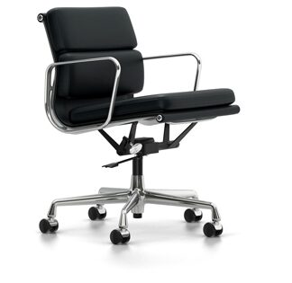 Vitra Chaise en Aluminium – Soft Pad – EA 217 – chromé – Cuir nero – roulettes pour tapis de sol