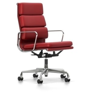 Vitra Chaise en Aluminium – Soft Pad – EA 219 – chromé – Cuir rouge – roulettes pour tapis de sol