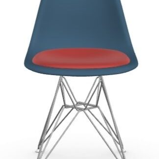 Vitra DSR avec assise rembourrée – bleu marin – chrome brillant – Hopsak – rouge/cognac