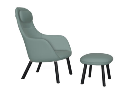 Vitra HAL Lounge Chair & Ottoman – chêne foncé – Dumet sauge/bleu acier – patins pour tapis de sol – coussin d’assise fixé