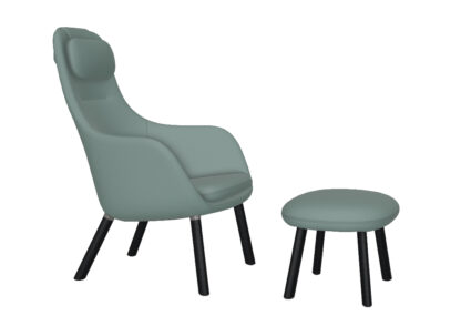 Vitra HAL Lounge Chair & Ottoman – chêne foncé – Dumet sauge/bleu acier – patins pour tapis de sol – coussin d’assise non fixé