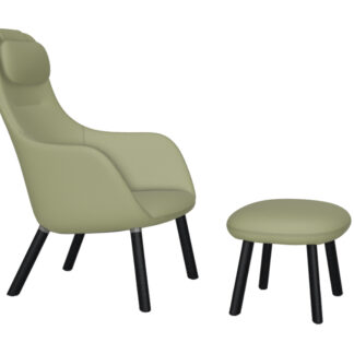 Vitra HAL Lounge Chair & Ottoman – chêne foncé – Dumet bleu poudré/chartreuse – patin pour sols durs – coussin d’assise fixé
