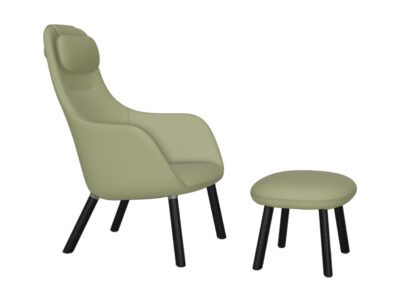 Vitra HAL Lounge Chair & Ottoman – chêne foncé – Dumet bleu poudré/chartreuse – patin pour sols durs – coussin d’assise fixé