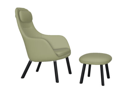 Vitra HAL Lounge Chair & Ottoman – chêne foncé – Dumet bleu poudré/chartreuse – patin pour sols durs – coussin d’assise non fixé