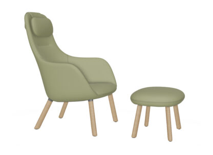 Vitra HAL Lounge Chair & Ottoman – Chêne nature – Dumet bleu poudré/chartreuse – patins pour tapis de sol – coussin d’assise fixé