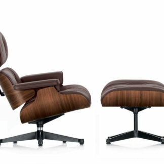 Vitra Lounge Chair & Ottoman – poli / côtés noirs – Cuir premium F marron – Noyer – pigment noir – dimensions classiques – 84 cm